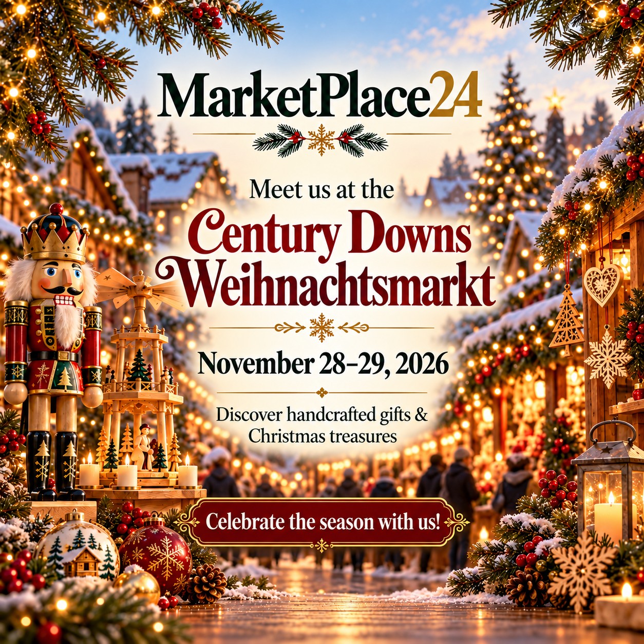 Century Downs Weihnachtsmarkt MarketPlace24 Christmas market scene with festive lights and nutcracker.
