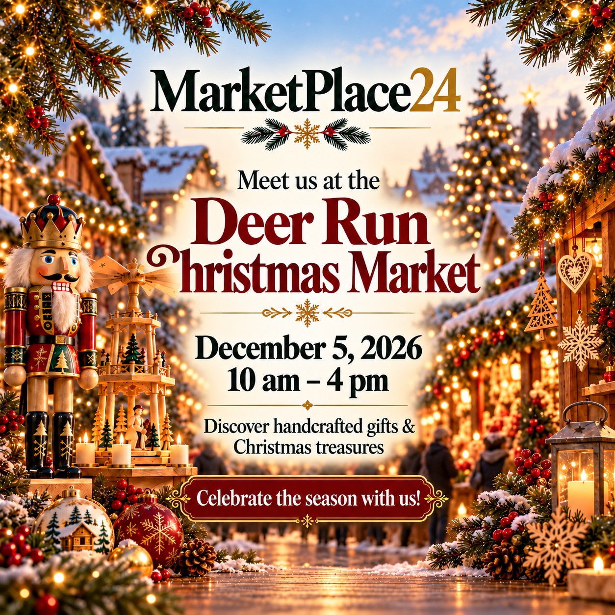 Deer Run Christmas Market Event Deer Run Christmas Market banner with festive lights and nutcracker.
